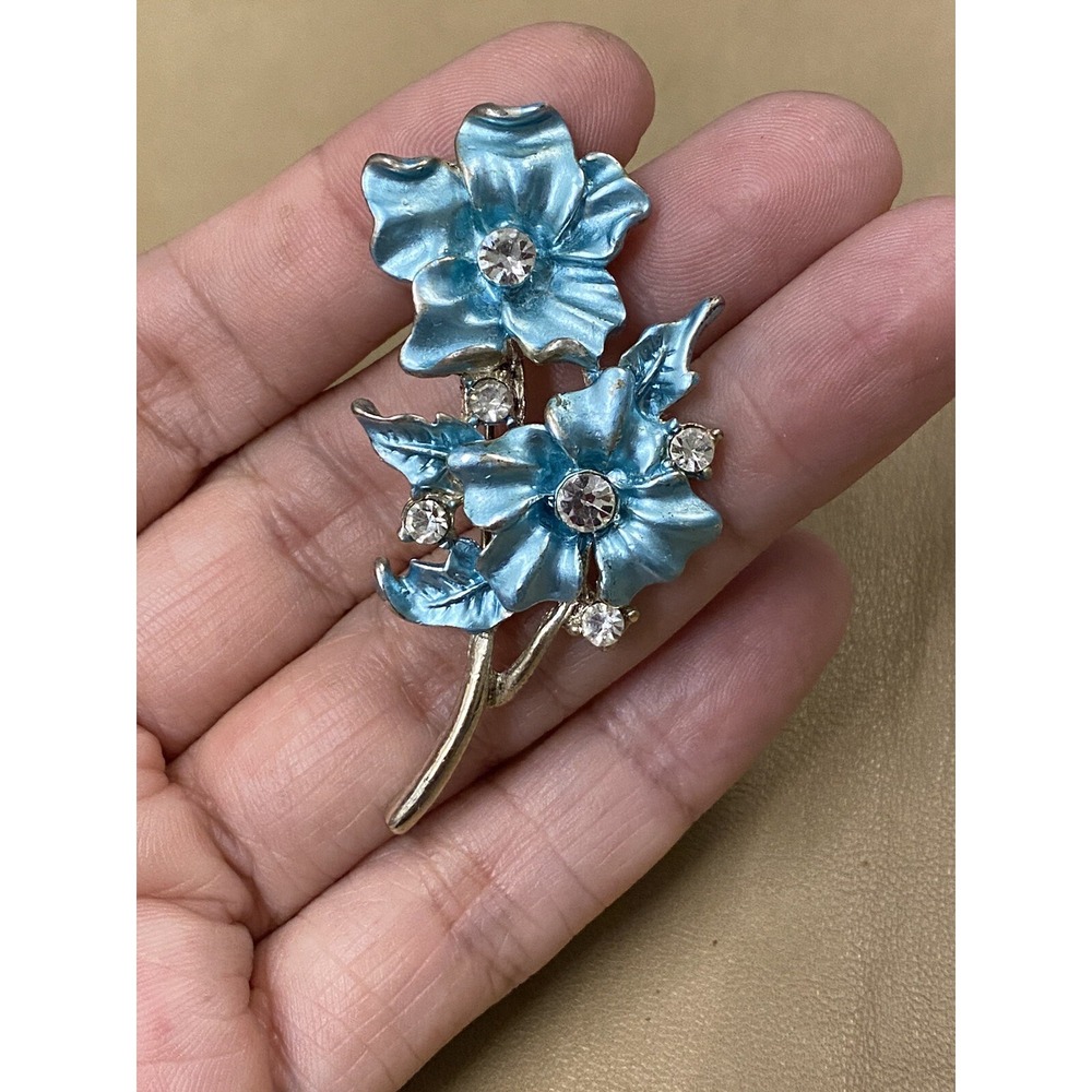 Two Flower Light Electric Blue Enamel Crystals Brooch Something Blue/Used Wed